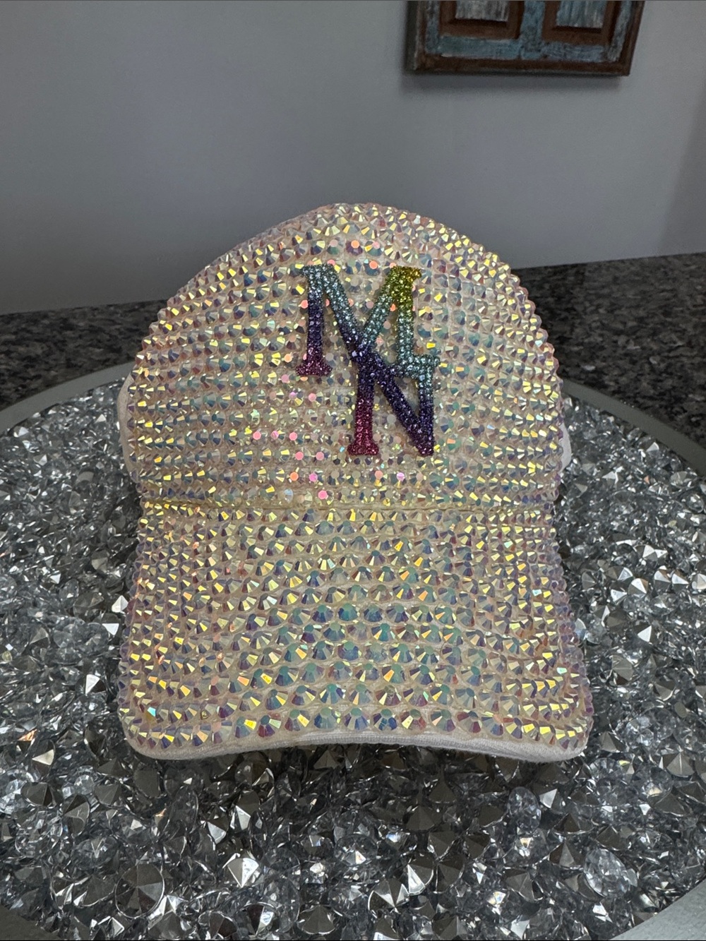 Sparkling Rhinestone Baseball Cap with Rainbow 'MN' Accent EUC